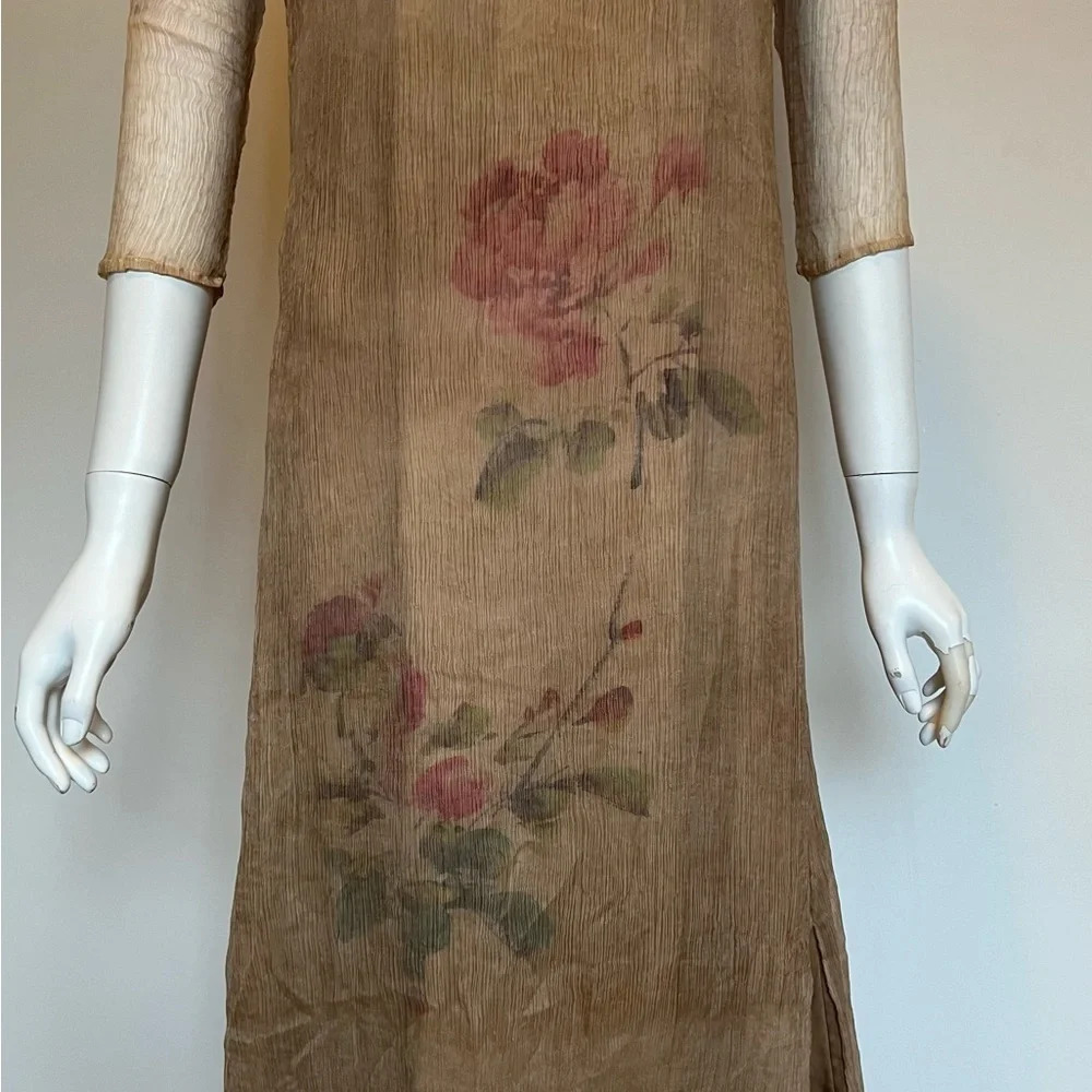 100% Silk Women's Beige Nude Sheer Crinkle Floral Print Midi Dress Size L NWT - Picture 3 of 12